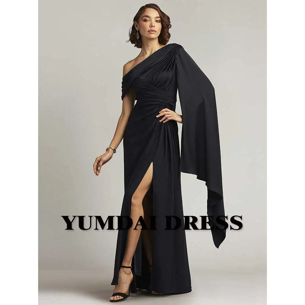 YUMDI Gothic Black Ball Evening Gown Long Elegant Ladies Formal Satin Dress Sexy High Slit Cocktail Dress One-shoulder Smock