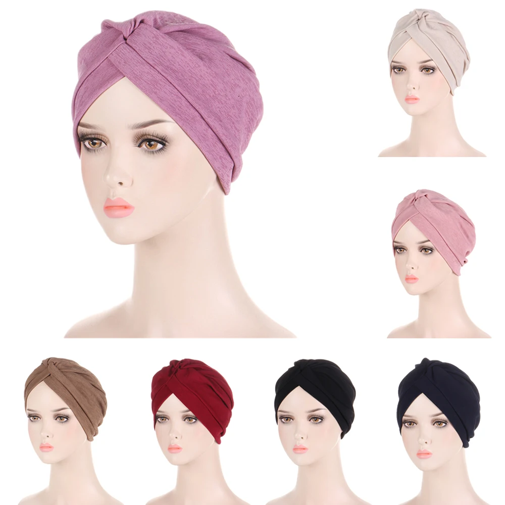 

Chemotherapy Cancer Cap Turban Baotou Cap Solid Color Cross Twist Hat Muslim Hijab Bonnet All-match Headwrap Hair Accessories