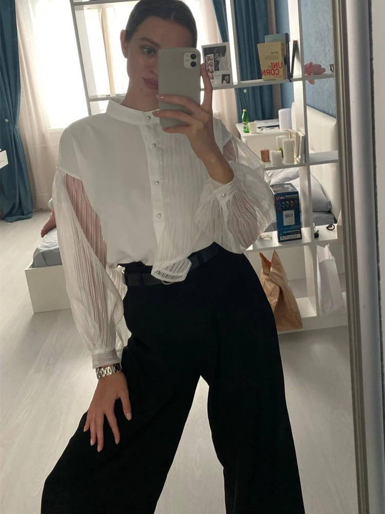 Colorfaith BL06620 New 2023 Patchwork Tulle Transparent Korean Fashion Spring Summer Blouses Chic Shirts Retro Elegant Lady Tops