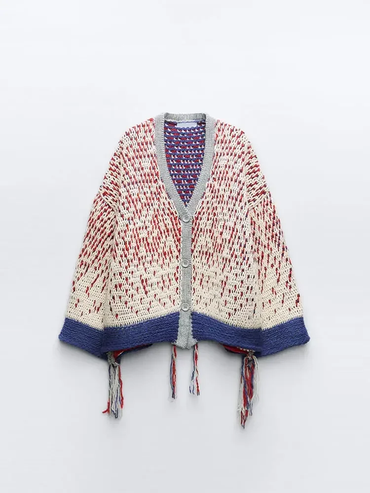 Fashion Contrasting Women Knitted Cardigan Loose Single Breasted V-neck Tassels Sweater 2023 Autumn Female Warm Chic Knitwear