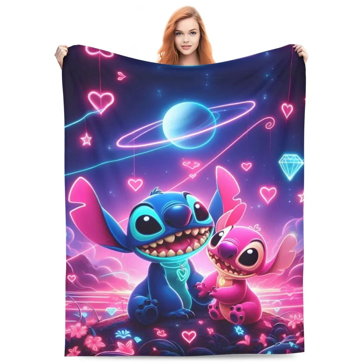 Cute Stitch And Angel Cartoon Blanket Soft Fluffy Plush Bedding Throws For Kids Adult Couch Chair Flannel Bedspread Bed Cover