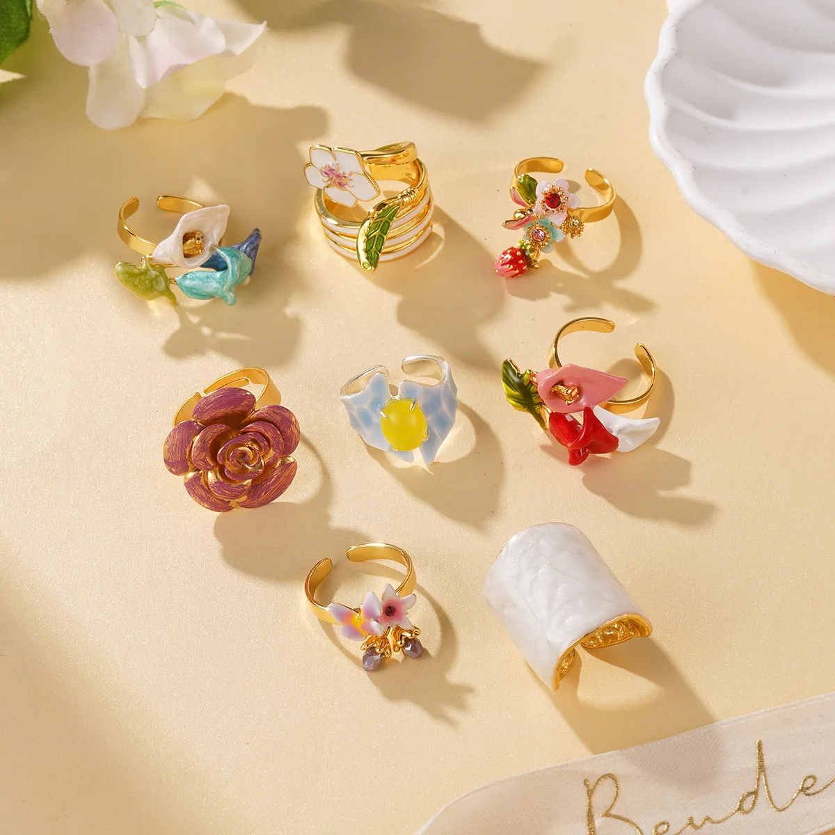 Vibrant Enamel Floral Rings Collection - Adjustable Open Flower & Leaf Designs - Colorful Fashion Jewelry for Her