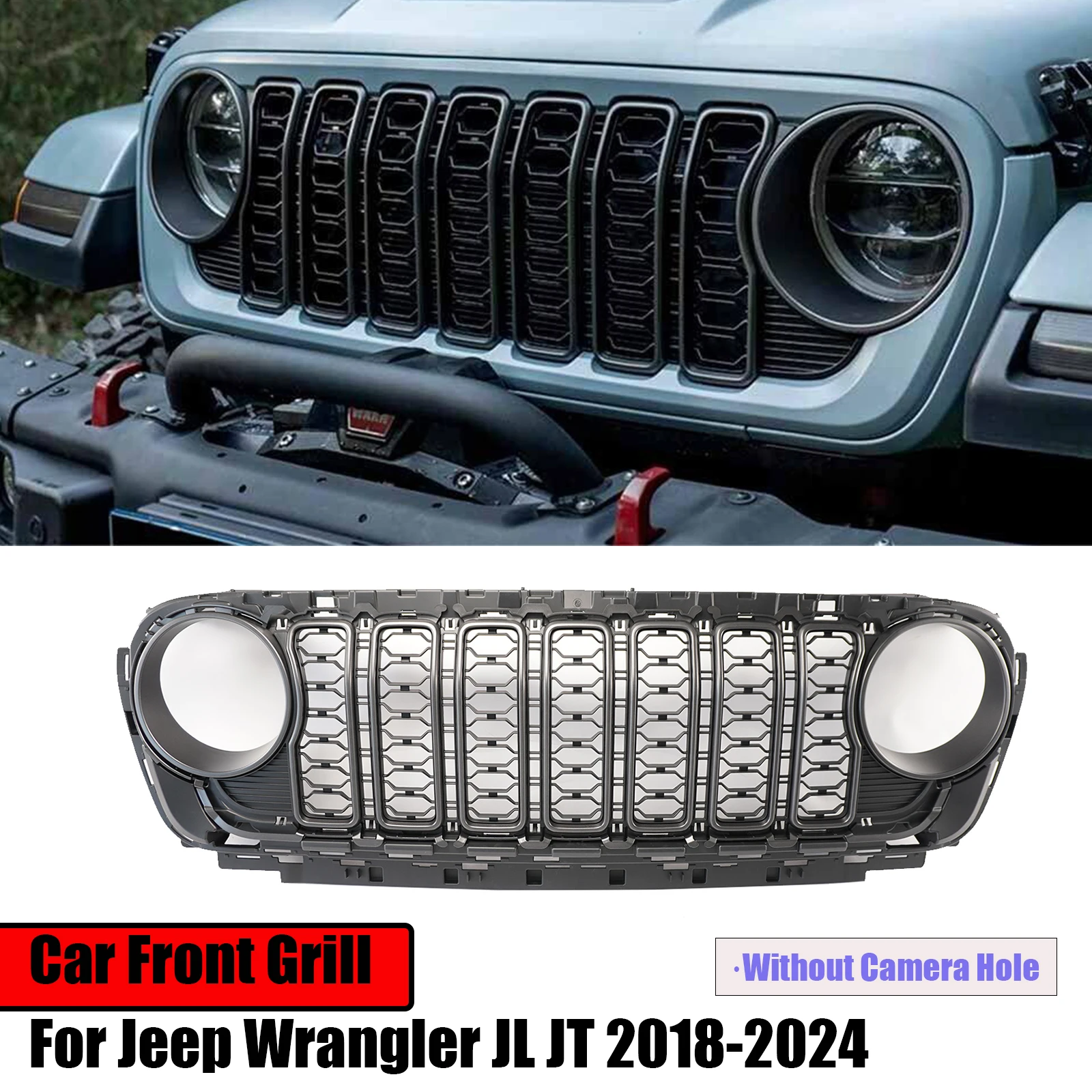 For Jeep Wrangler JL JT 2018-2024 Car Front Grill Without Camera Hole Exterior Accessories Matte Black/Silver Body Kit Grille