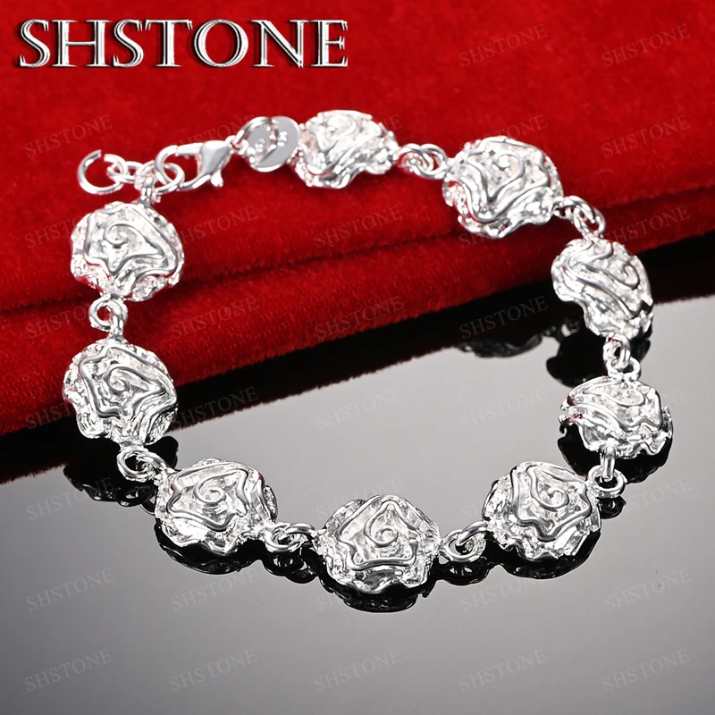 Pretty 925 Sterling Silver Bracelets Eight Rose Flower Chain Bracelet For Women Birthday Party Fashion Jewelry Accessories Gift