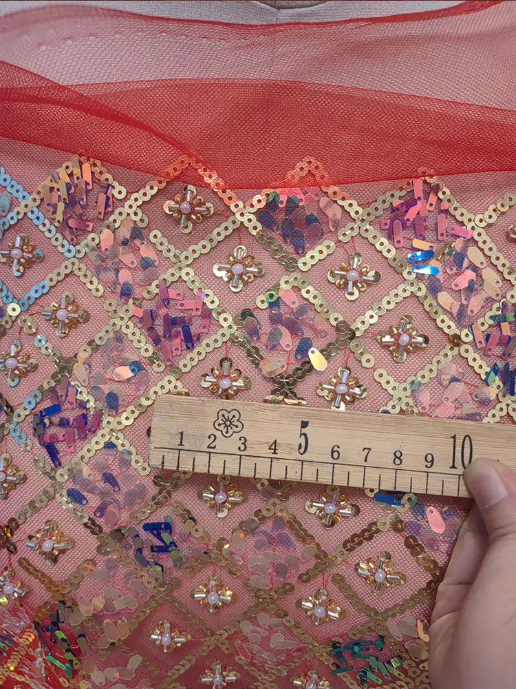 Ethnic Style Red Soft Lace Tulle With Golden Sequins Grid Fabric For Handmade DIY Dress Decoration Clothing Accessories Set