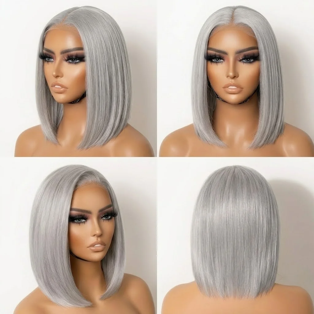 Silver Grey Bone Straight Short Bob Wig 13x6 Lace Front Human Hair Transparent Wigs for Black Women Pre Plucked With Baby Hair