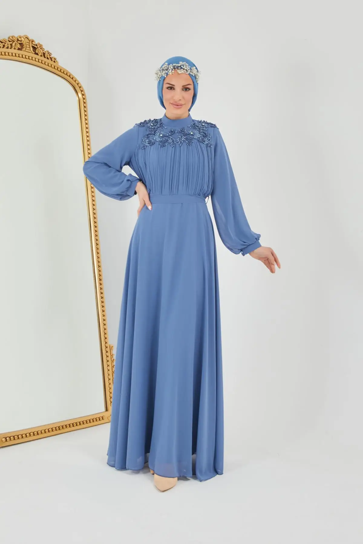 Muslim Fashion Islamic Clothing Evening Dress Women O-neck Long Sleeve Embroidery Print Long Dress