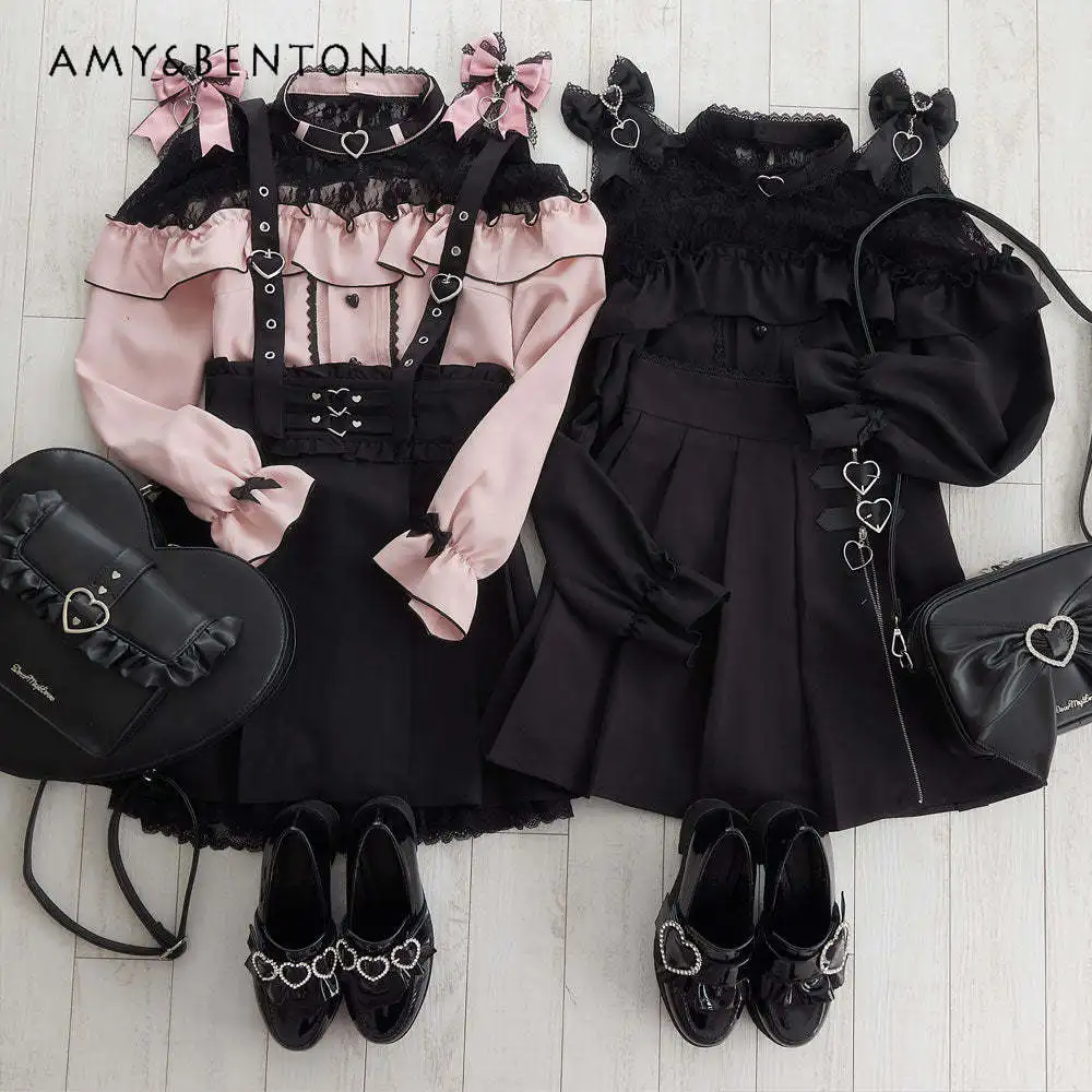 

2023 Spring Autumn New Versatile Long Sleeve Shirt Women Elegant Lace Stitching Sweet Bow Japanese Lolita Blouses Top for Girls