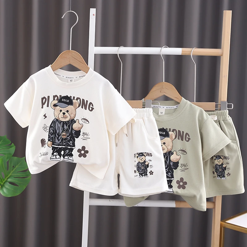 Boys summer short-sleeved knit set Children's summer casual children's cartoon print breathable two-piece baby clothes