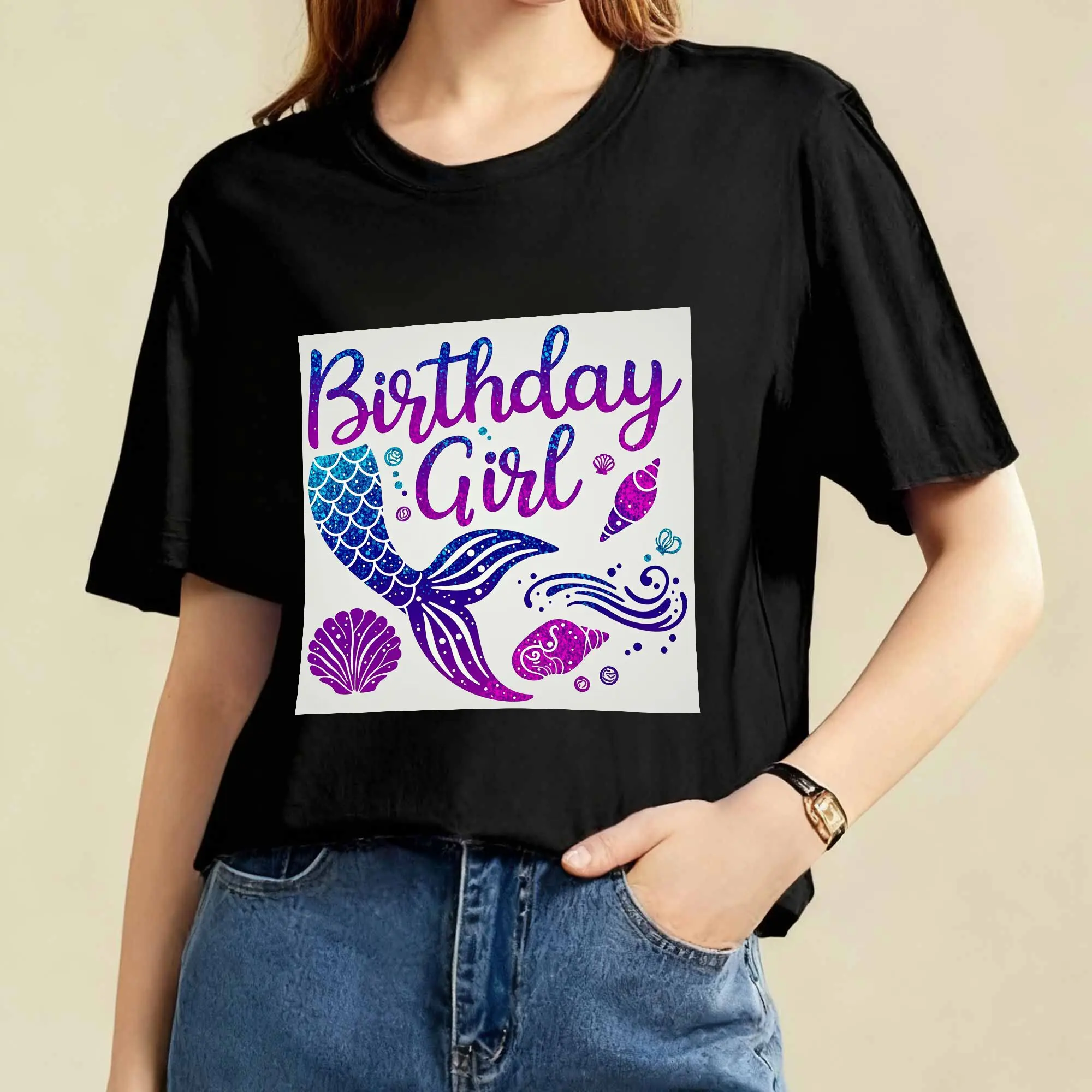

Mermaid Tail Birthday T-Shirt for Women 180g Tee Purple Blue