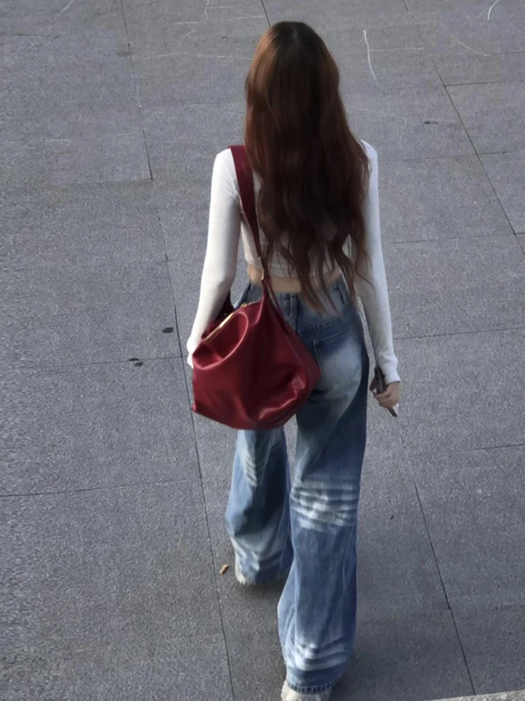 Light Blue Lightning Stripe Wide Leg Jeans Women's High Waist Floor Length Straight Lazy Pants Spring Autumn New Arrival