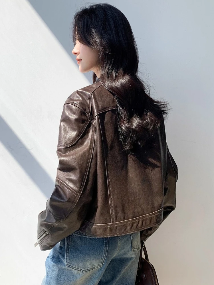 Vintage Cropped Genuine Leather Motorcycle Jacket Women Spring Autumn High-end Simple Stand Collar Slim Soft Real Sheepskin Coat