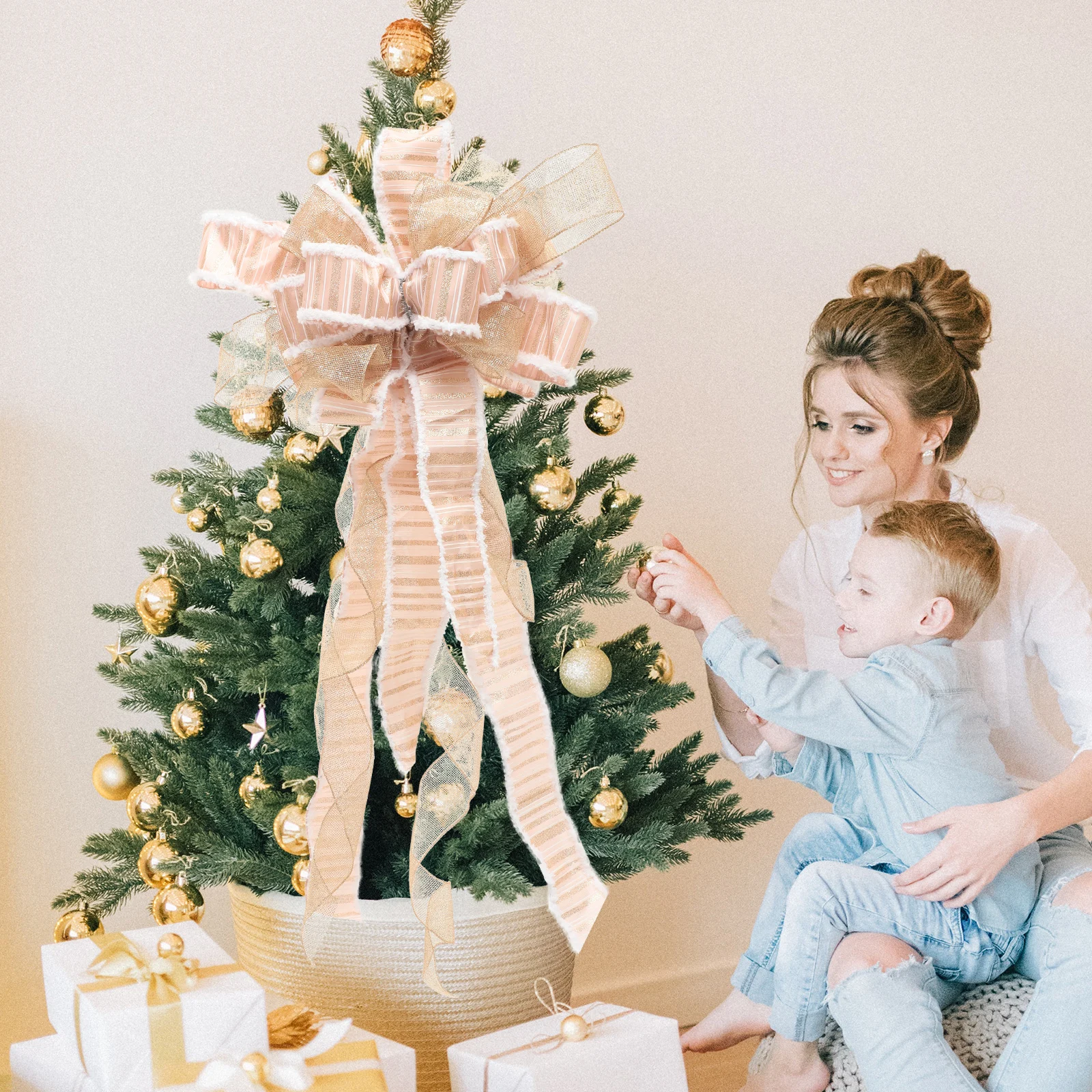 

Christmas Tree Topper Bowknot Long Tassel Ribbon Cuttable Diy Decor For Home Shop Mall Wedding Party Xmas Decor Festive