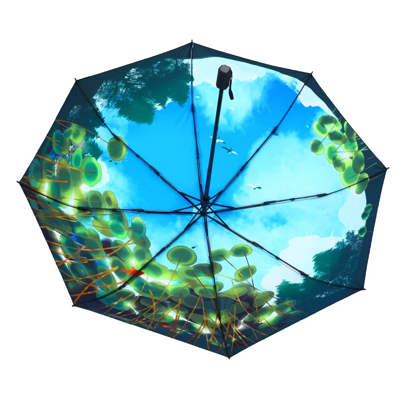 Lake view three fold folding umbrella travel pastoral breeze small fresh black rubber sun protection umbrella for men and women