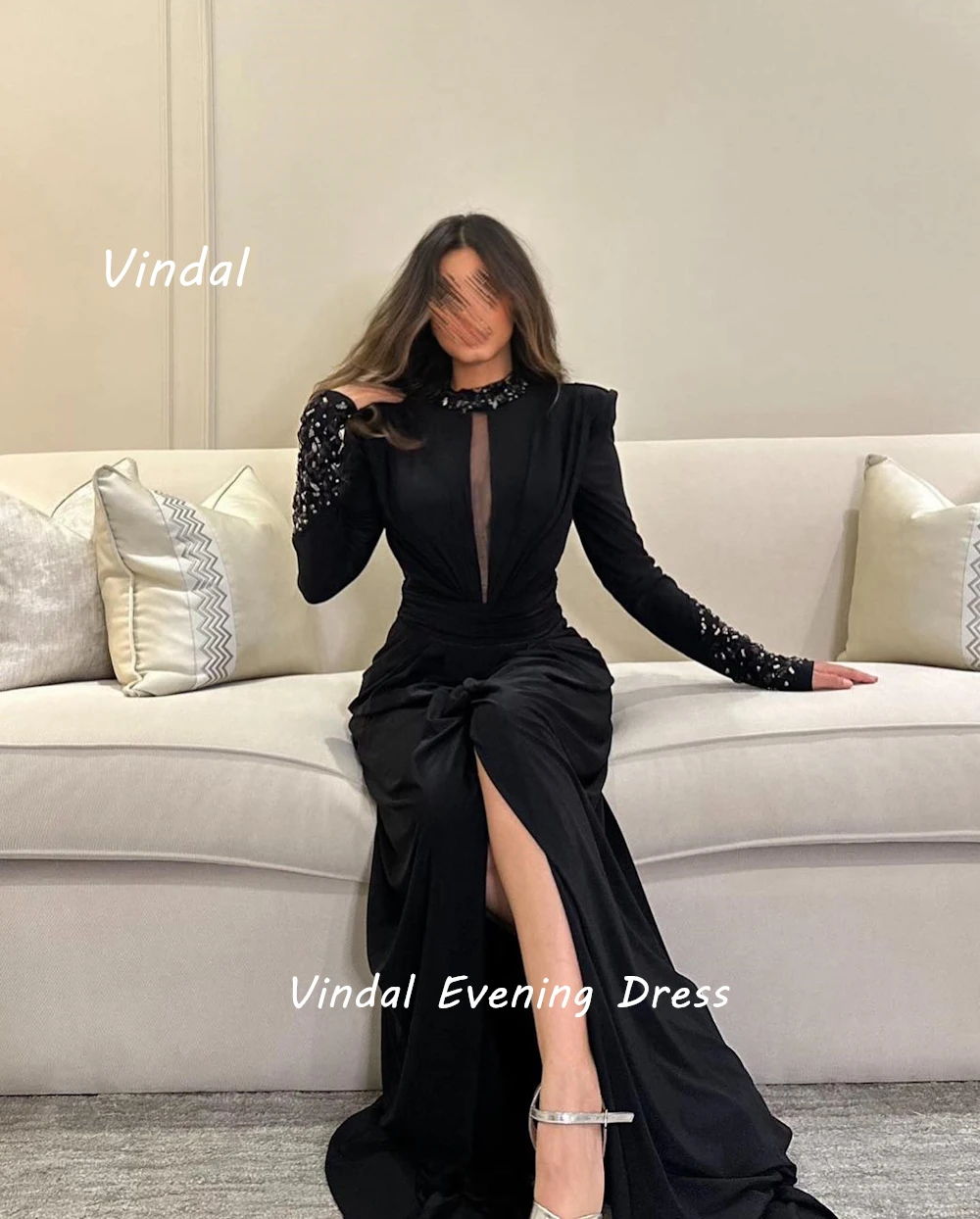 Vindal Crepe Floor length Sexy O-Neck luxurious Ruffle Straight Beaded Breast Padding Elegant Long Sleeves السعود For Woman 2024