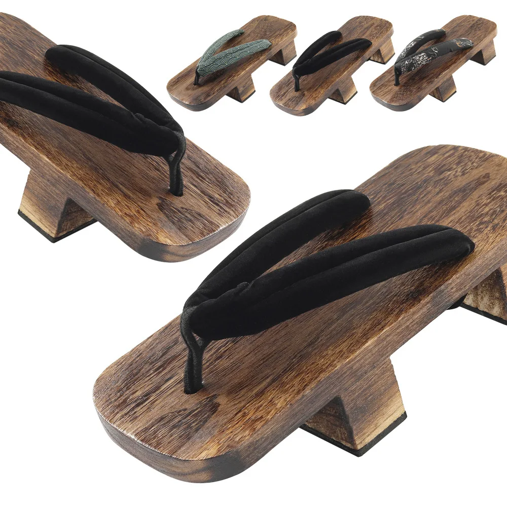 2026 New Summer Men's Japanese Paulownia Wood Geta Two Tooth Thick Sole Non Slip Square Toe Flip Flops Indoor Outdoor Sandals