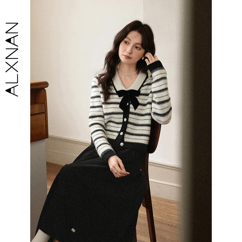 ALXNAN حجم كبير سترة مخططة القوس الخامس الرقبة واحدة الصدر المرأة محبوك سترة 2025 خريف شتاء فضفاضة تناسب القمم D57521 #5