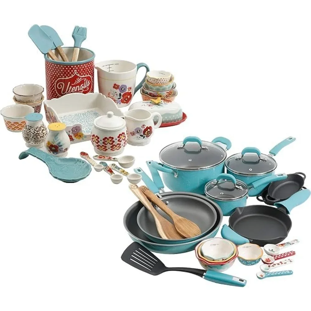 

Vintage Speckle Cookware Combo Set in Turquoise bundle with Copper Charm Stainless Steel Copper Bottom Cookware Set