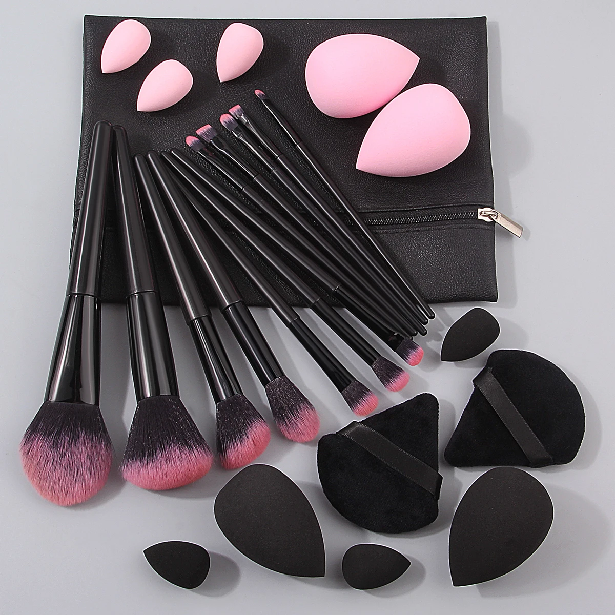 12 pçs conjunto de escova de maquiagem facial multifuncional macio + 12 pçs seco e molhado dupla finalidade beleza ovo em pó puff + 1 pçs saco de armazenamento