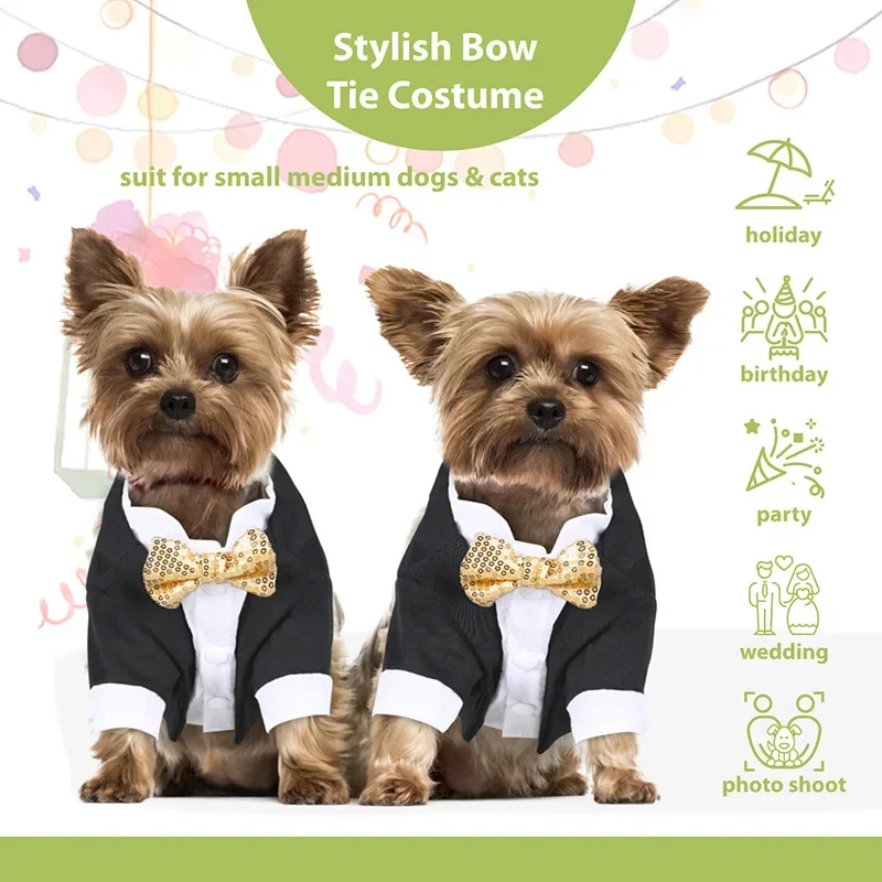 Gentleman Dog Western-style Clothes Wedding Suit Formal Shirt For Small Dogs Gold Sequins Tuxedo PartyPuppy Costume For Cats