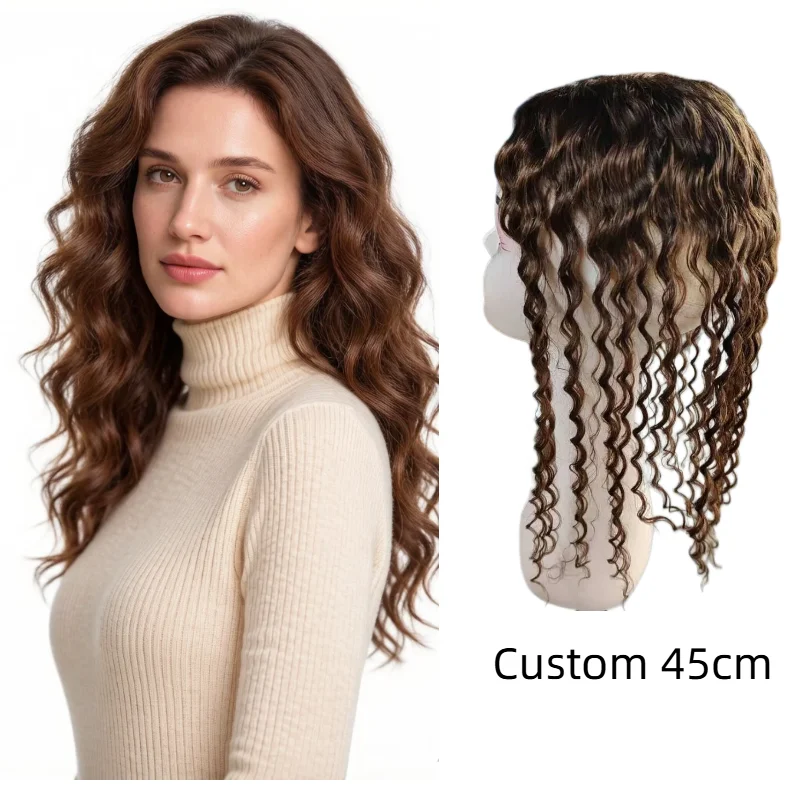 Human Remy Hair Women Hairpiece Swiss Lace 9x14cm 10inch Water Wave Topper Hand-Tied Color #1B P18-613 Wholesale
