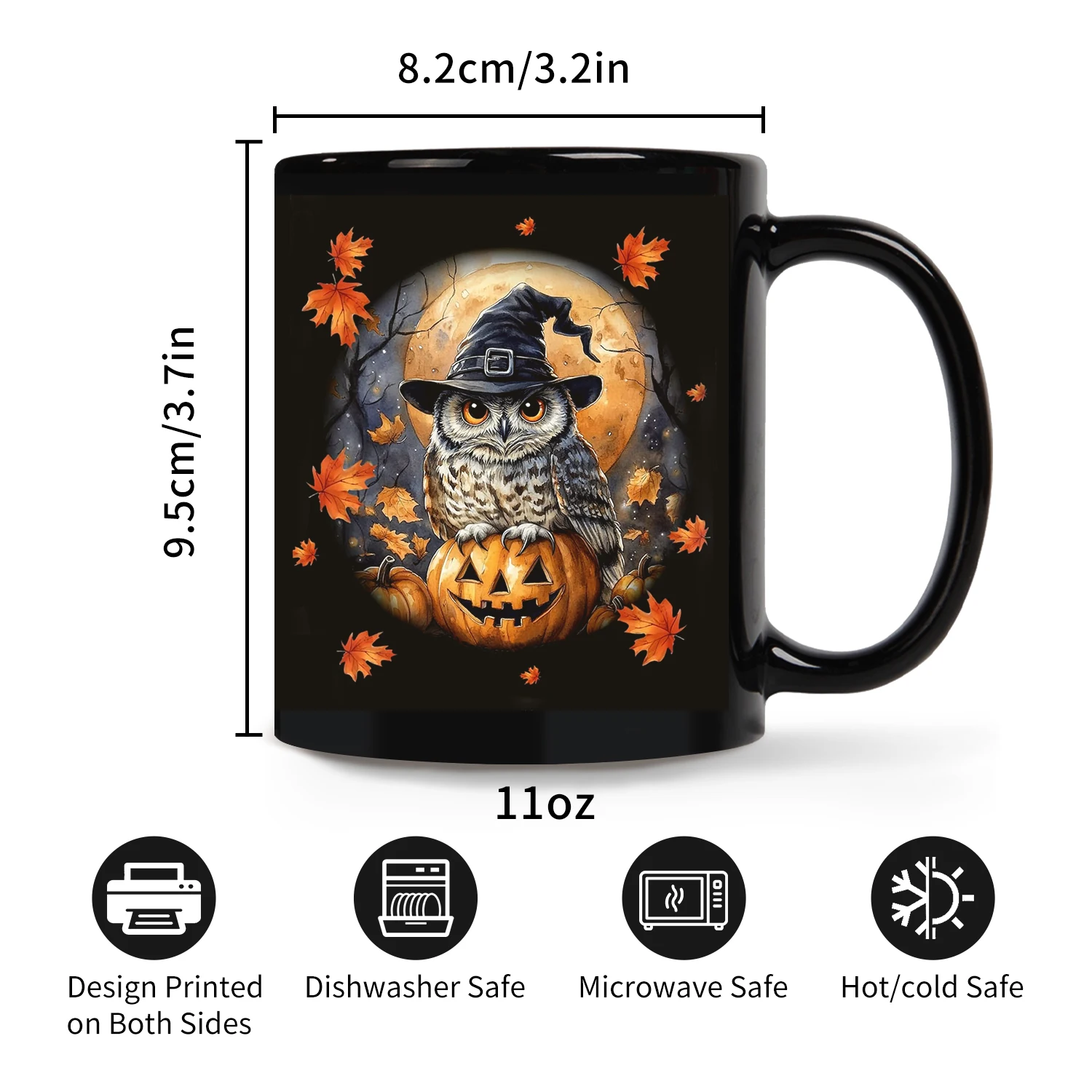 1pc,Owl Witch and Pumpkin Halloween Mug,maple leaves 11oz Ceramic Coffee Cups, Novelty Halloween Gifts (Black)