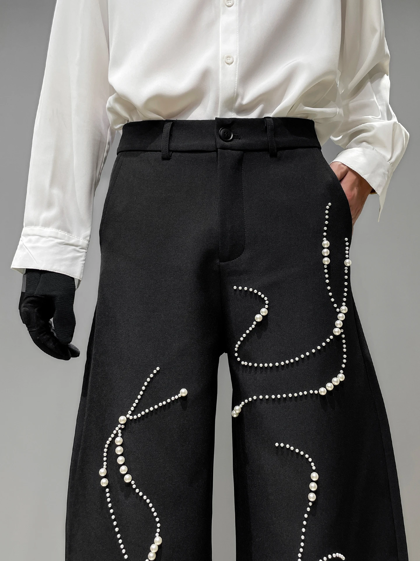 Japanese Original Fashion Trendy Design Pearl Beaded Black Trousers Stylish Men's Loose Straight Wide-Leg Casual Long Pants