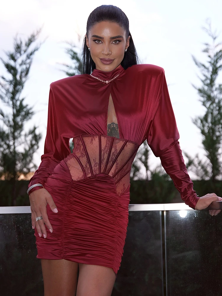VC – Mini robe de luxe bordeaux, col haut, découpée, avec détail Corset en dentelle, robe de soirée élégante à manches longues pour soirée et événements