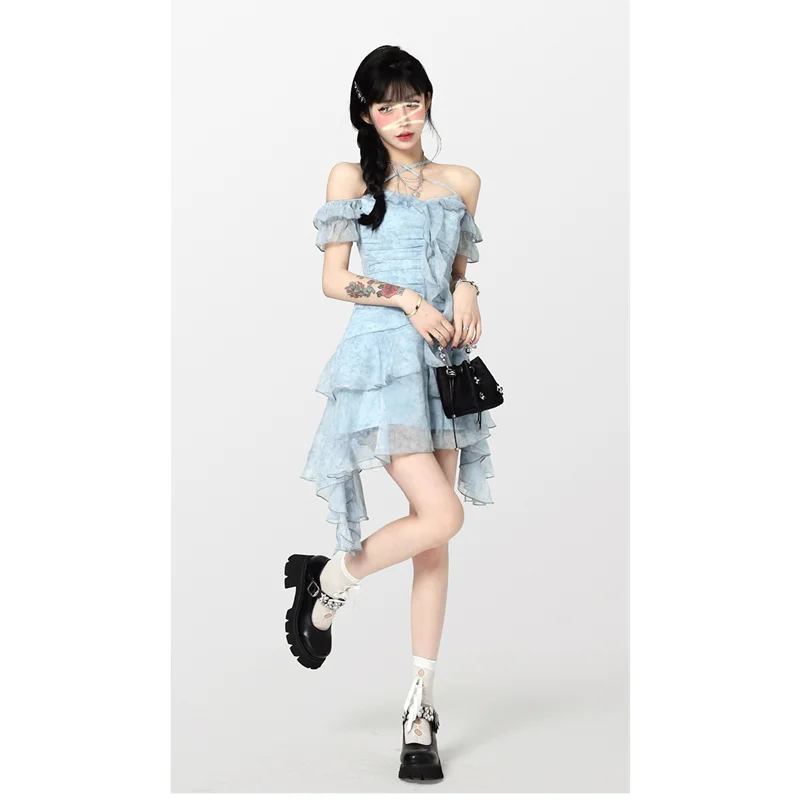 Summer Women Dress Short Sleeve Neck-mounted Holiday Style Korean Fashion Broken Flowers Irregular Chiffon Short Skirt Dress