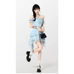 Summer Women Dress Short Sleeve Neck-mounted Holiday Style Korean Fashion Broken Flowers Irregular Chiffon Short Skirt Dress