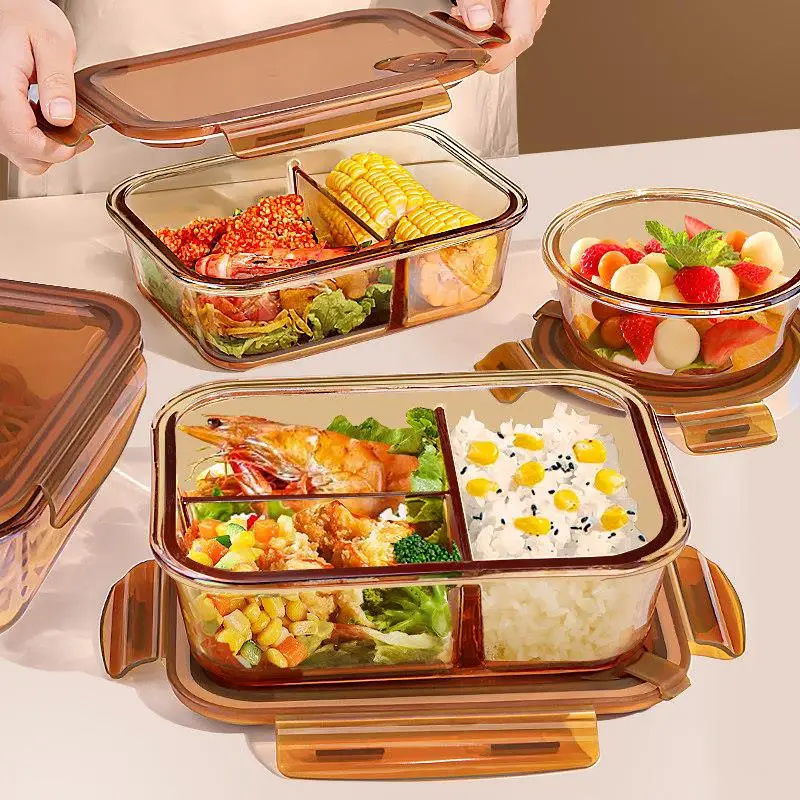 Glass Lunch Box Microwave Safe Food Container with Lid for Work Fruit Preservation Triple Partition Stainless Steel Bottom