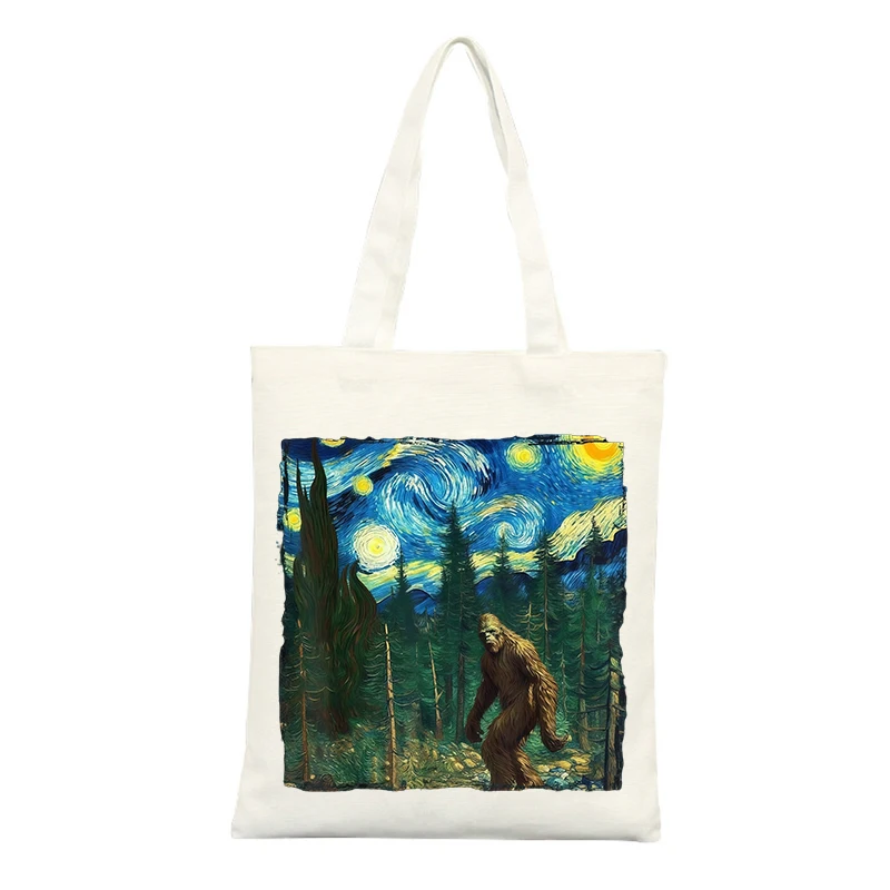 Nature Creature Canvas Tote Bag with Starry Night Inspired Print, Ideal for Casual Outings and Art-inspired Daily Use