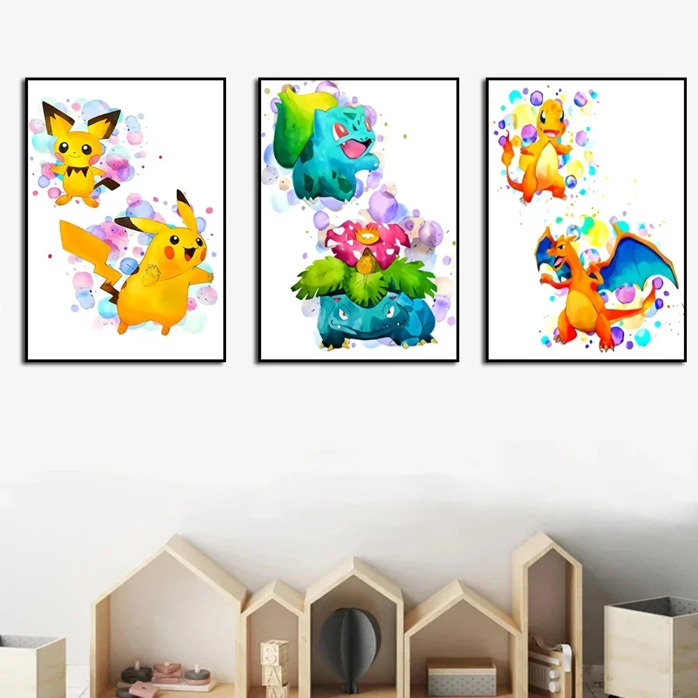 Anime Pokemon Peripherals Poster Pikachu Eevee Eeveelution Pictures Watercolor Canvas Painting Wall Art for Kids Bedroom Decor