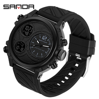 SANDA LED Digital Sport Watches 50m Waterproof Electronic Wristwatch Three Time Display Quartz Watch for Men Alarm Clock 3002