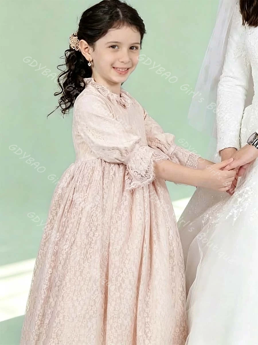 Elegant Eyelet Lace Flower Girl Dress for Wedding Kids High Waist 3/4 Sleeve First Communion Dress Birthday Party Gown Custom