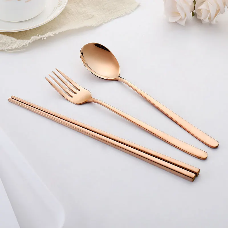 3pcs Reusable 304 Stainless Steel Tableware Set Portable Spoon Fork Chopsticks Set for Travel Outdoor Dinnerware with Pack