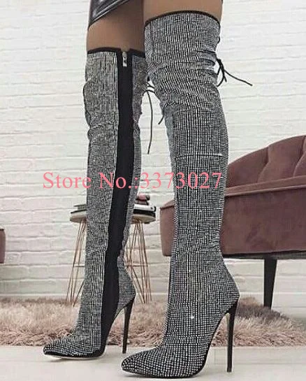 New Bling Bling Crystal Long Boots Lady Fashion Thin Heel Rhinestone Over the Knee Boots Woman Sexy Party High Heels