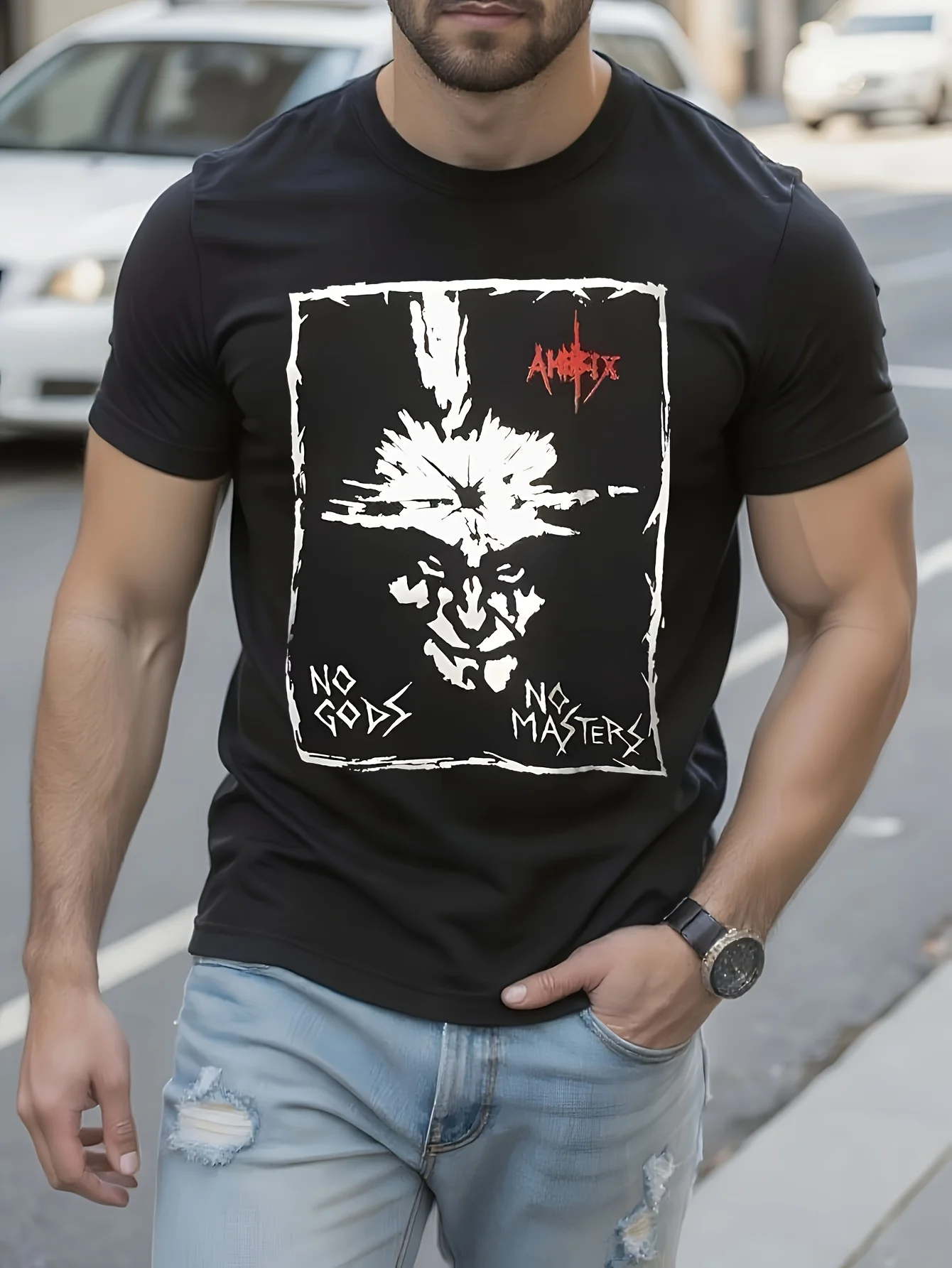 Amebix Punk Hardcore Logo T-Shirt CRASSFluxMob47GismDischarge Pattern, White with Black Anarchist Symbol Print, Heavy Punk Style