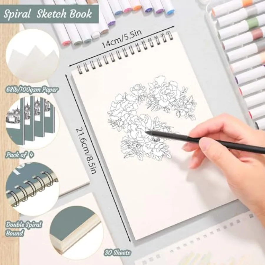 4 Pack Small Sketch Books, in, Spiral Bound, 30 Sheets 100gsm Acid-Free Paper, Hardcover Backing, Lays Flat, for,Beginners, And