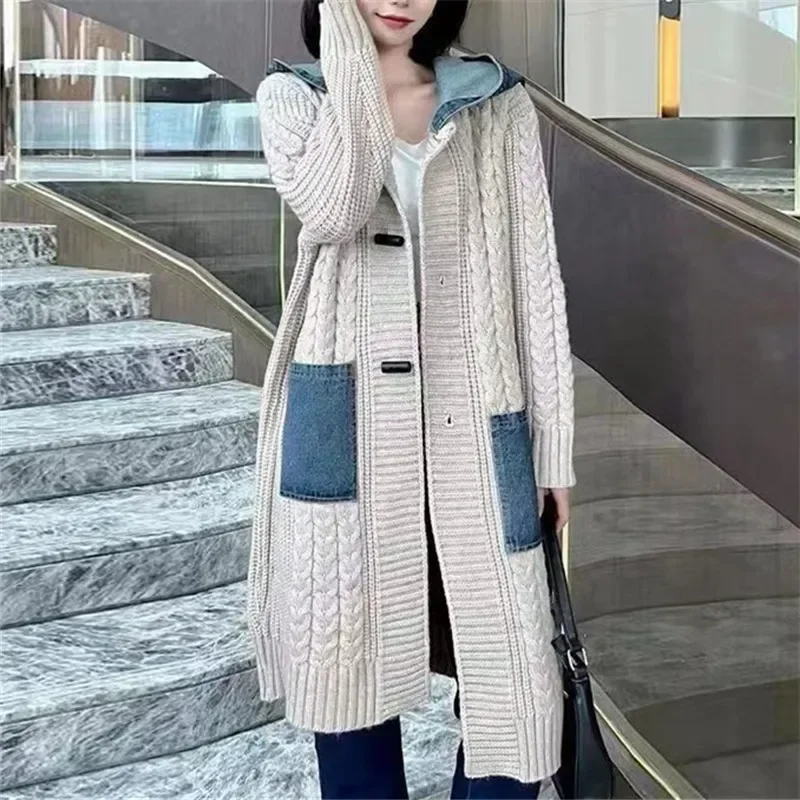 Long Cardigan Coats Women Mid Length Coat Sweaters Hooded Denim Splice Single Breasted Maxi Loose Open Stitch Autumn Winter