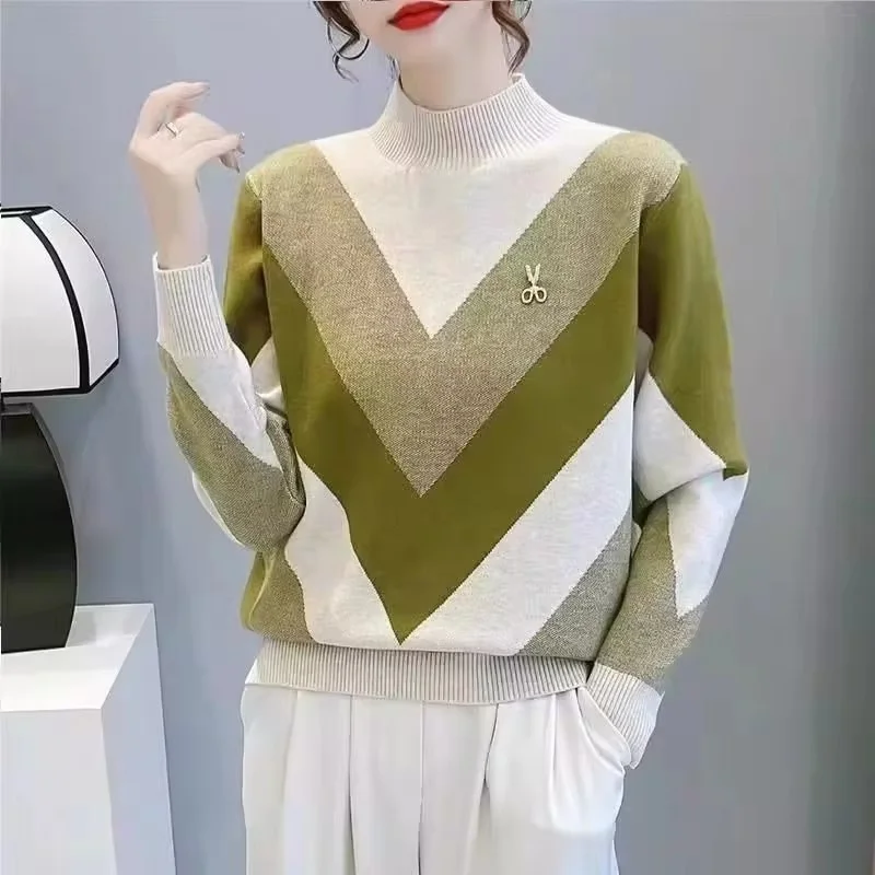 2024 New Half Turtleneck Sweater Women Autumn Winter Thicken Color Blocked Pullover Sweater Female Loose Casual Knitted Jumper