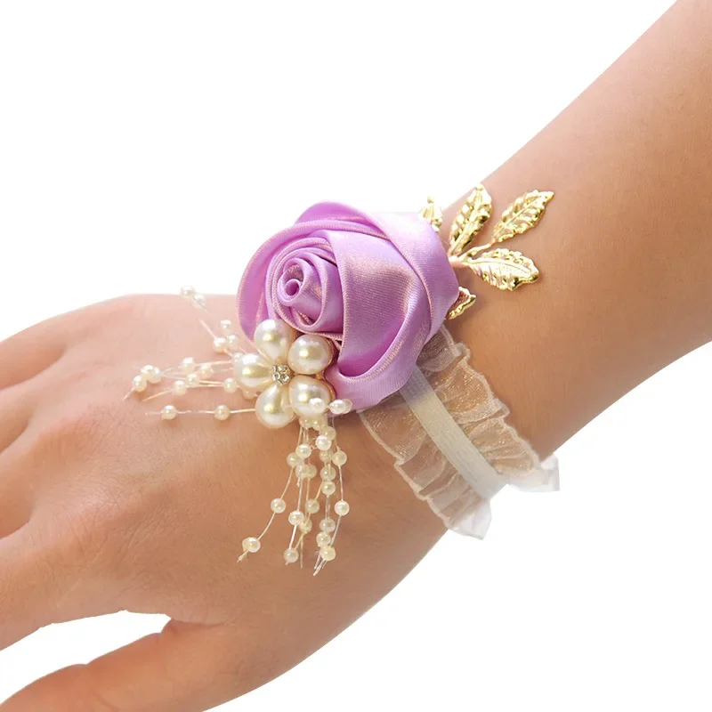 Pulsera de rosa de imitación para dama de honor, ramillete de muñeca para boda, cinta de poliéster, lazo de perlas, regalos nupciales, flores de mano, accesorios para fiesta y graduación