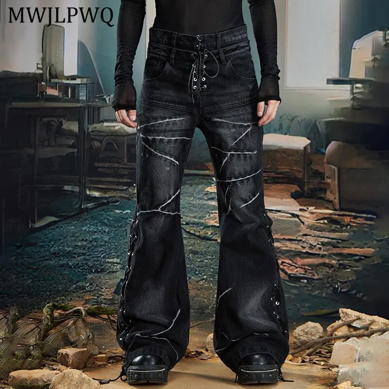 

MWJLPWQ Men's Niche Punk Double Waist Foot Opening Design Pattern Flared Jeans Unisex High Street Drawstring Long Pants 11271