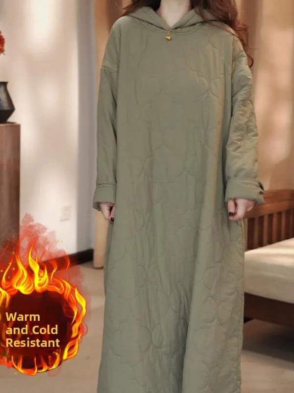 

Ele Cotton Blend Hooded Dr Women's Winter Faion Classy Loose Simple Mid-Length Cotton Coat Long Skirt