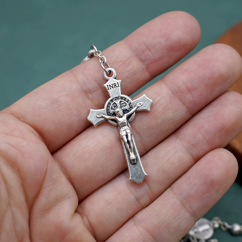 Silver Plated Flower Beads Rosary Cross Necklace Women Men Christian Benedict Jesus INRI Pendant Chain Fashion Religion Jewelry