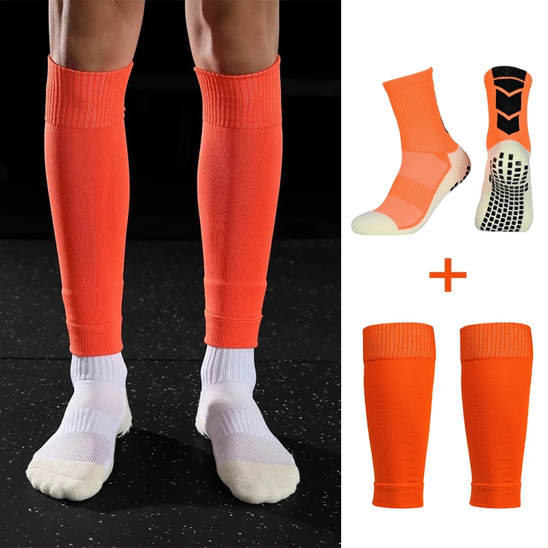 2 Pairs Set Grip Soccer Socks and Knee Pads Calf Sleeves Adults Kids Non Slip Leg Shin Guards for Football Baseball Sports