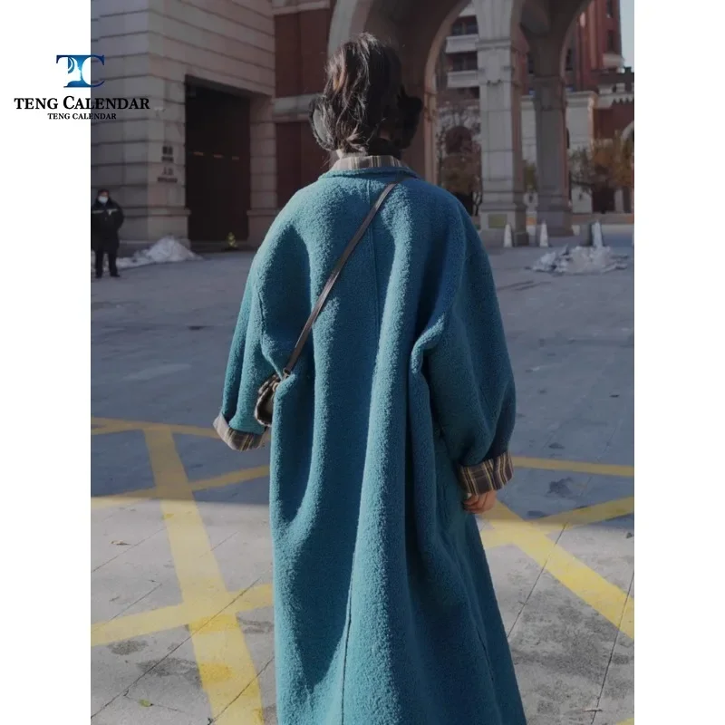 Blue Lazy Style Imitation Lamb Wool Coat, Medium To Long High-end Thickened Granular Fleece Coat, Women's 2024 Winter New Style