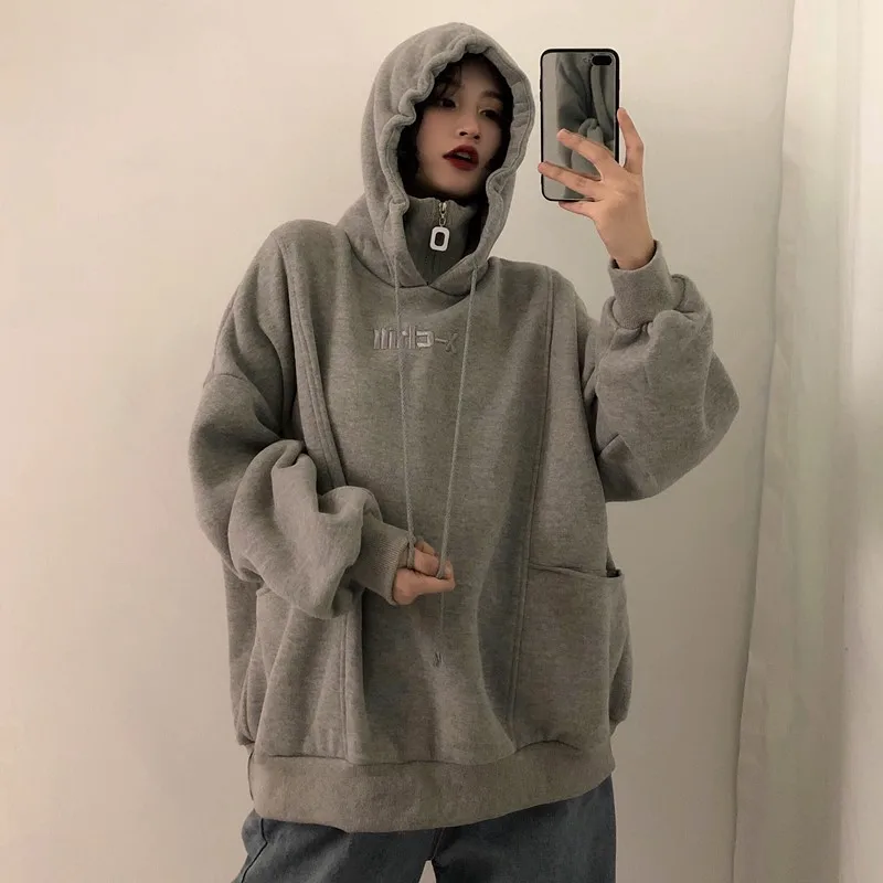 2024 Autumn Winter Fake Two Pieces Women Hooded Sweatshirt Korean Fashion Fleece Lining Shirts Harajuku Oversize Loose Sudaderas