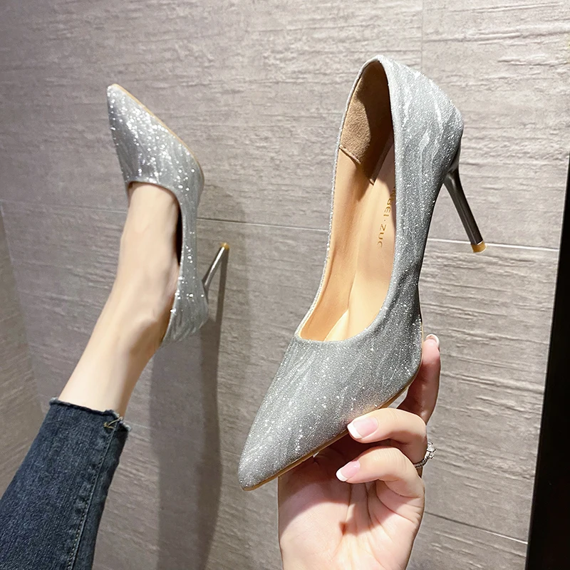 

Summer New Fashion Luxury Gold Silver Women's High Heels Pointed Toe Sequin Heels Party Wedding Shoes 34-42 Zapatos Mujer