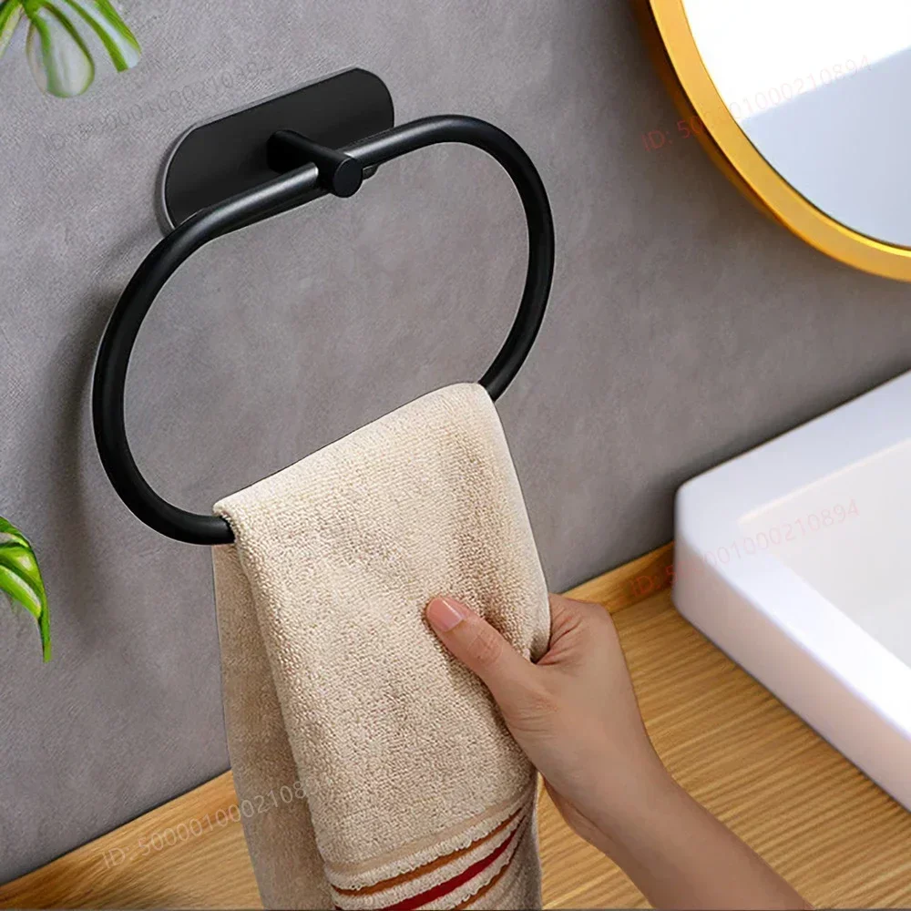 HOT 2025 New Elliptical Towel Rack Bathroom Self-adhesive Towel Rack Black Hand Washing Rack Ring Rail Storage Accessories